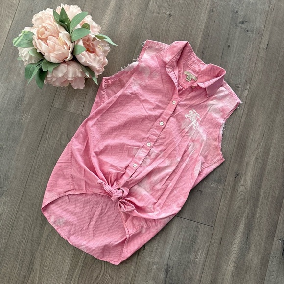 Burberry Brit Cowgirl Pink Pinstripe Distressed Bleach Upcycled Top - Picture 1 of 6